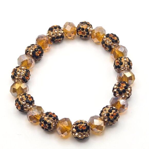 Set of Three Handmade Gold Tone and Brown Faceted Glass Beaded Stretch Bracelets - Picture 4 of 5